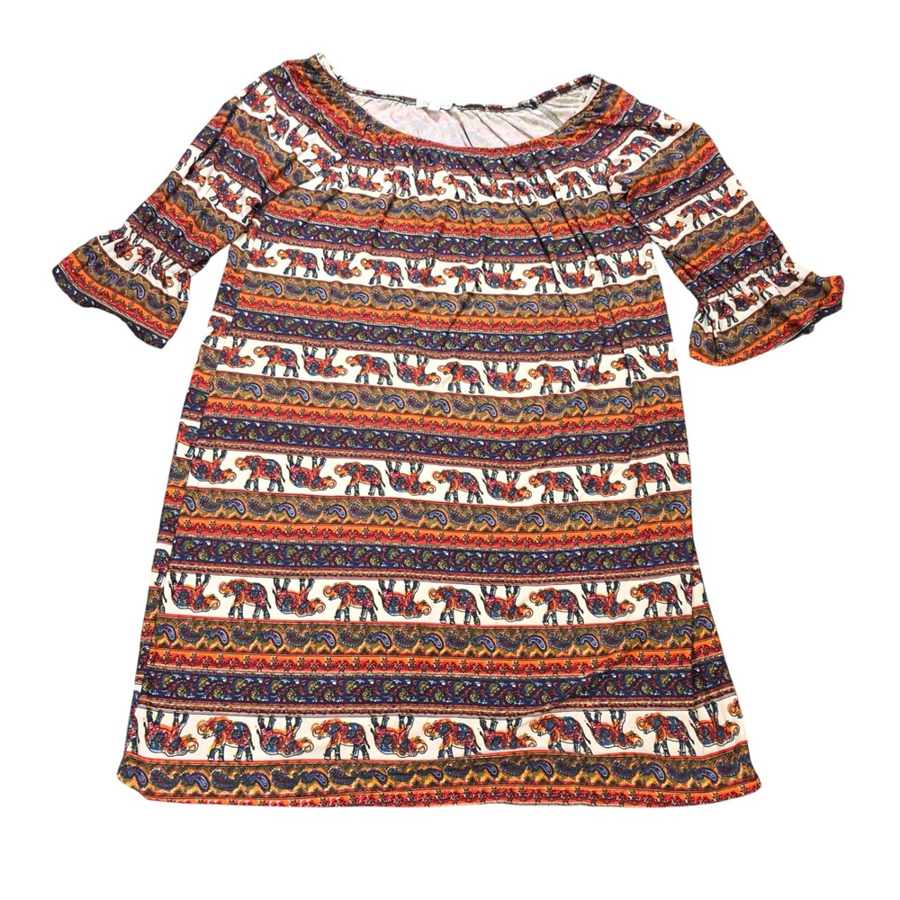 Olivia Matthews Elephant Paisley Shift Dress Women's Size XL Orange Bell Sleeve